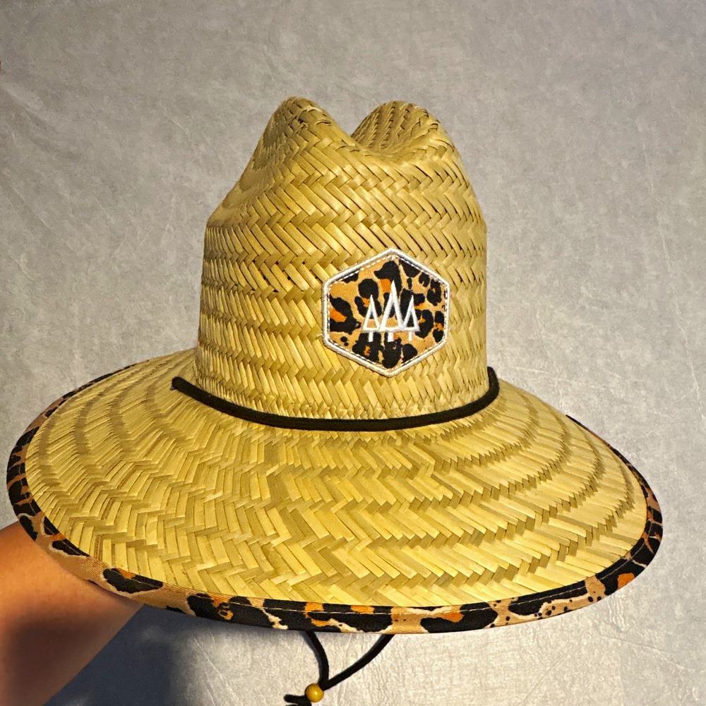 HemiLock Beige Straw Sun Hat Wide Brim Leopard Print Chin Strap One Size